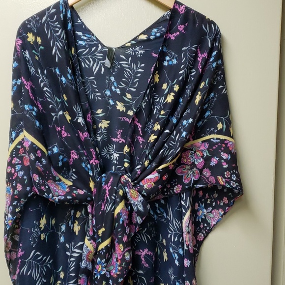 Print Dark Blue Multi Colour Summer Open Front Poncho - Picture 3 of 5